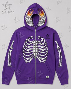 Sweat-shirt à capuche zippé pour homme, coupe classique, en polyester tricoté, motif crâne gothique violet, avec design flamme et imprimé squelette sur le devant - Product Image 4