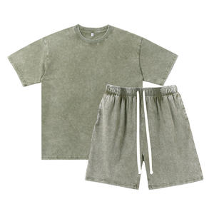 Ensemble T-shirt et short en coton écologique pour homme, col rond, couleur unie, décontracté, tricoté, streetwear d'été avec cordon de serrage - Product Image 4