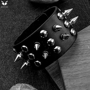 Adjustable Black PU Leather Bracelet Set with Spikes, Studs, Chains, Beaded Wrap, Rivet Design Fashion Wrist <b>Accessories</b> - Product Image 6