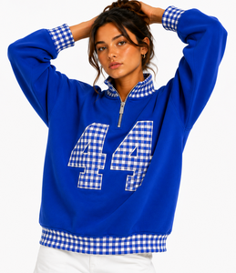 Custom University Mock Neck Sweatshirt Gingham Patch Chenille Applique Oversized Cotton Fleece School <b>Spirit</b> Gameday Clothing - Product Image 4
