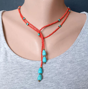 Handmade Turquoise <b>Beaded</b> Choker Necklace <b>Set</b> Gold Chain Layered Boho Minimalist Jewelry Gift - Product Image 2
