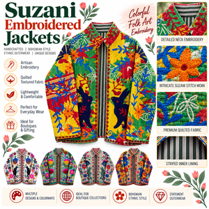 Suzani <b>Embroidered</b> 100% Cotton Breathable <b>Jackets</b> <b>for</b> <b>Women</b> Colorful Quilted Boho Floral Folk Art Outerwear Striped Lining - Product Image 6