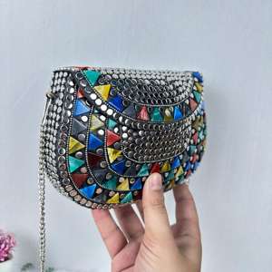 Vintage Traditional Metal Stone Work Evening Bag Women's Traditional Box Clutch <b>Sling</b> Chain Antique Jewel Mosaic Design Clutch - Product Image 6