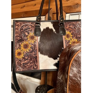 Western Cowhide <b>Leather</b> Tote Bag Hand <b>Tooled</b> Floral Sunflower Shoulder Purse Messenger Bag Cowgirl Handbag with Adjustable Strap - Product Image 3