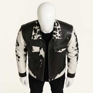 Chaqueta de Cuero Genuino para Hombre, Estilo Motero, con Cierre de Cremallera, Cuello Camisero, Corte Regular, Invierno, Color Sólido, Personalizable - Product Image 3