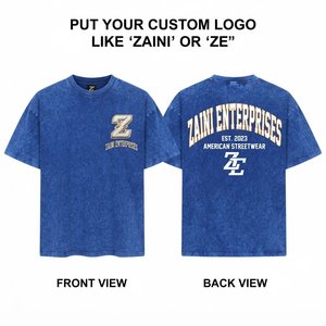 เสื้อยืดผู้ชายแบบฟอกสี ผ้าคอตตอนเจอร์ซีย์พรีเมียม 220 GSM สีน้ำเงินรอยัล สตรีทแวร์ พร้อมโลโก้ปักที่อก พิมพ์ลายด้านหลังตามสั่ง ทรงพอดีตัว - Product Image 1