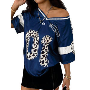 แฟชั่นผู้หญิงฤดูใบไม้ผลิฤดูร้อนฤดูใบไม้ร่วงสไตล์สตรีท, Y2K เสื้อฟุตบอลลายเสือดาวพิมพ์ลายดิจิตอลเสื้อยืดคอกลมแบบเว้า V - Product Image 1