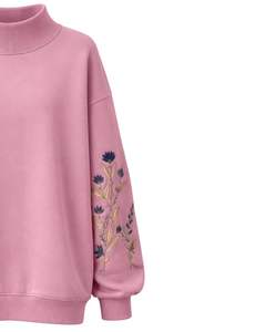 Sudadera de Forro Polar Rosa Personalizada para Mujer, Cuello Alto, Bordado Floral, Informal, Cálida para Invierno, Algodón y Poliéster, Corte Holgado - Product Image 4