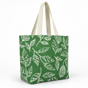 Sac fourre-tout de plage en jute non laminé, imprimé feuilles vertes, 42 x 32 x 14 cm, avec poignée plate en ruban de coton blanc de 60 cm, logo personnalisé, vente en gros - Product Image 4