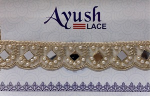 Wholesale Hand Look Pearl Bead Mirror Work Scalloped Lace Trim Indian Ethnic <b>Kaftan</b> Saree Border Embroidered Decorative Sewing - Product Image 4