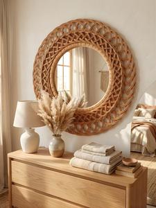 OEM Custom Boho Rattan <b>Wall</b> Mirror Vietnam Handwoven <b>Wicker</b> Round Mirror Natural Home <b>Decoration</b> Manufacturer - Product Image 1