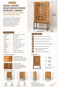 Armoire de rangement de chambre à coucher en bois de manguier massif sculpté à la main, grande capacité, avec portes à motifs floraux mandala et support en métal noir - Product Image 6