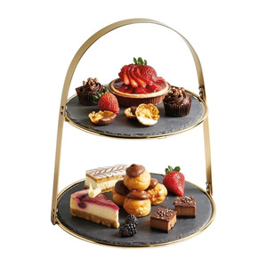 Modern Two-Tier <b>Cake</b> <b>Stand</b> With Round Dark Slate Platters Sleek Gold Metal Frame An Arching Top Carrying Handle Decorative item - Product Image 4