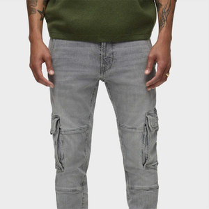 High Demand Men Slim Fit Denim <b>Cargo</b> Pants Grey Stone Washed <b>Stretch</b> Jeans Skinny <b>Cargo</b> Trousers Flap Side Pockets Streetwear - Product Image 4