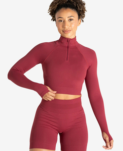Ensembles de yoga en nylon et élasthanne de poids moyen, couleur unie, short taille haute, haut court à manches longues, fermeture éclair quart, anti-transpiration, sans couture, faible MOQ - Product Image 3