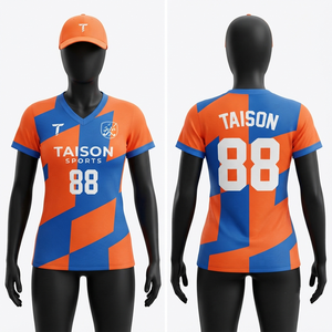 Maillot de hockey sur gazon pour femmes, 160 GSM, polyester interlock premium, panneaux géométriques orange et bleu, logo personnalisé par sublimation - Product Image 1