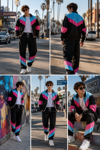Conjunto Deportivo Retro para Hombre, Color Block, Negro, Rosa y Azul, Chaqueta con Cordón, Pantalones Jogger, Ropa Deportiva Informal, 100% Algodón, Secado Rápido - Product Image 6