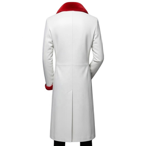 Abrigo largo blanco para hombre con cuello y puños de piel roja, abrigo tipo trench de un solo botón, material de lana gruesa, solapa con muescas - Product Image 2