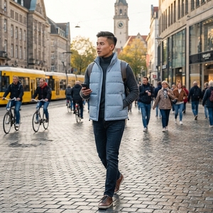 Veste sans manches matelassée bleu clair pour homme, col montant, fermeture éclair, hiver, streetwear, vêtements personnalisés, marque privée, OEM - Product Image 4