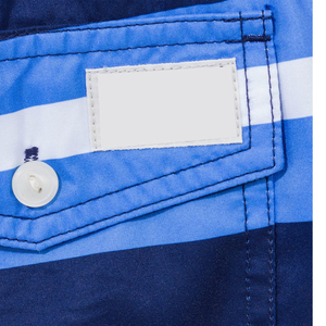 Shorts de bain rayés pour hommes, shorts de plage bleus, séchage rapide, taille élastique avec cordon de serrage, shorts de plage d'été, logo personnalisé OEM - Product Image 3