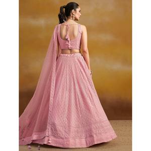 Conjunto de Lehenga Choli para Dama de Honor - Georgette Rosa con Bordado de Hilo y Dupatta - Product Image 2