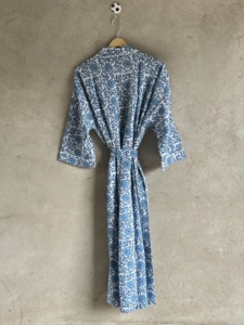 Hand Block Printed Floral V-neck Cotton <b>Kimono</b> Women Full Length Belted Robe Spring Summer <b>Beach</b> Cover Casual Resort Wear - Product Image 6