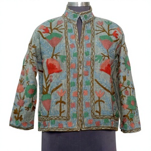 Chaqueta Bomber de Algodón Tejida a Mano Estilo Suzani, Bordada con Flores Vintage, con Volantes, Ecológica, Transpirable, para Mujer, Invierno - Product Image 1