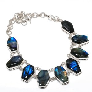 Geometric Coffin Shape Blue Fir Labradorite Necklace Natural Stone Silver Plated <b>Rope</b> <b>Chain</b> Unisex Bohemian Gift Jewelry - Product Image 3
