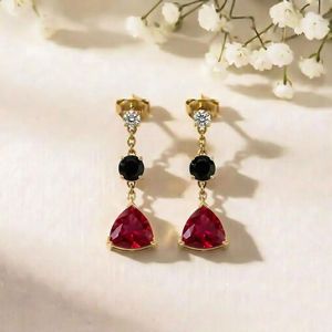 Pendientes de rubí talla trillón hechos a mano con gota de obsidiana negra y acento de circonita cúbica brillante, elegantes piedras preciosas de plata de ley 925 - Product Image 1