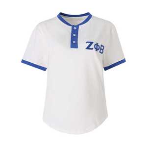 Zeta Phi Beta White Premium Henley Shirt Women Short Sleeve Greek Sorority Apparel Embroidered Letters Stylish Fit - Product Image 1