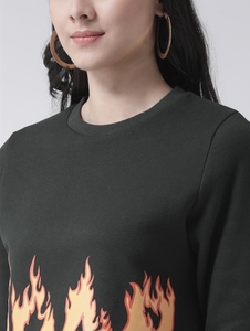 Sudadera de Cuello Redondo para Mujer, Estampado de Llamas Negras, Corte Regular, Manga Larga, Informal, Tejida, 100% Algodón, Ropa de Otoño - Product Image 1