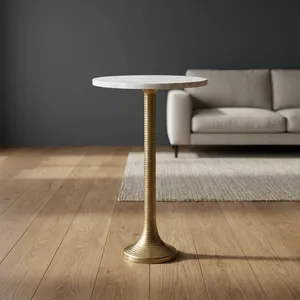 Table d'appoint moderne avec plateau rond en marbre et base en métal décorative en forme de feuille, meuble d'appoint de luxe pour la décoration du salon et de la chambre - Product Image 4
