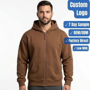 Brown <b>Zip</b> Up Men Hoodie Pullover Sweatshirt Custom Logo <b>Hooded</b> Jacket with Front Pockets - Product Image 1