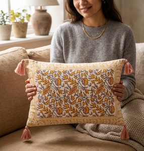 Handcrafted Block <b>Print</b> Floral Lumbar <b>Cushion</b> Cover in Mustard Yellow, Pink, and Off-White with Tassels, OEM Service16X24 - Product Image 1