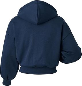 <b>Women's</b> <b>Navy</b> Blue Cropped <b>Hoodie</b> Zip-Up Sweatshirt Regular Sleeve Solid Color Knitted Cotton Autumn Wear - Product Image 2