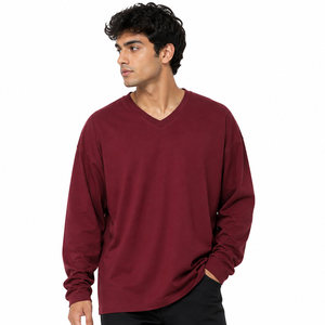 T-shirt à manches longues pour homme, style printemps-été, col en V, surdimensionné, tricoté, style sportif décontracté, respirant - Product Image 1