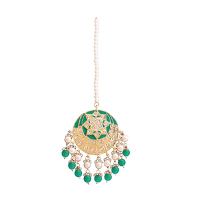 Chaîne florale Kundan indienne pour femme, Maang Tikka plaqué or avec pierres d'émeraude, vente en gros, style bohème - Product Image 4