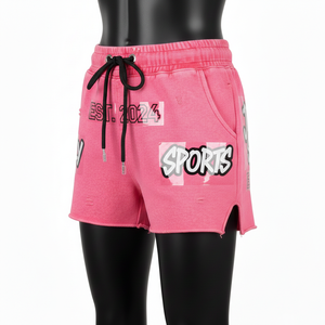Shorts de mujer de algodón y poliéster, tipo booty, color rosa, tela suave cepillada, estampado con transferencia térmica, logo personalizado. - Product Image 4