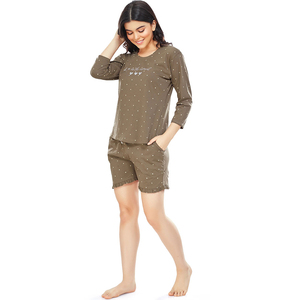 Conjunto de Pijama de Algodón para Mujer, Talla Grande, Manga Larga, Color Verde Oliva, Estampado de Lunares, Camiseta y Pantalones Cortos, Estilo Casual para Verano - Product Image 5