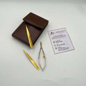 Pince à épiler biseautée en acier inoxydable plaqué or avec ciseaux à ressort de précision, étui en cuir marron, logo personnalisé - Product Image 5