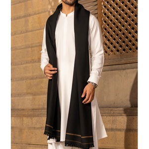 <b>Men's</b> Long Wool Shawl Solid <b>Black</b> With Gold Trim Winter Warm Woolen Cashmere Blanket Jacquard Afghani Shawl <b>Scarf</b> For Daily Wear - Product Image 1