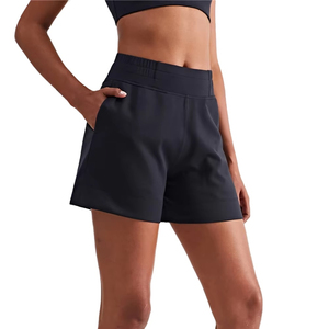 Shorts de Punto de Cintura Alta para Mujer, Color Sólido, Transpirables, Cintura Elástica, Estilo Deportivo con Bolsillos - Product Image 1