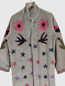 Veste en coton brodée de fleurs, col montant, manches longues, style Prairie Chic, grande taille, manteau long pour femme, broderie à la main - Product Image 6