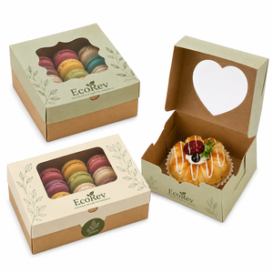 EcoRev Bakery Boxes With Window Kraft Paper Rigid Packaging For Macarons And Cakes Recyclable Food <b>Container</b> - Product Image 1