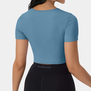 Top Corto de Punto Calado Color Durazno para Mujer, Manga Corta, Cuello Redondo, Corte Ajustado, Estilo Deportivo, para Primavera/Verano - Product Image 2