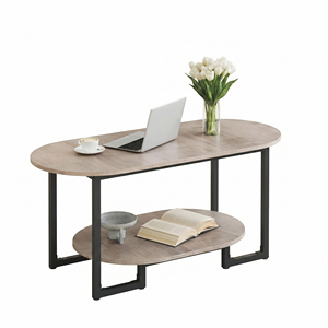 Modern Oval Coffee <b>Table</b> 2 Tier Wooden Lounge Center <b>Table</b> Black Metal Frame Living Room Tea <b>Sofa</b> Side <b>Table</b> Storage Shelf Desk - Product Image 1