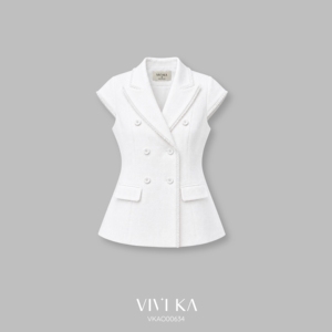 Chaleco Blazer Elegante de Tweed Blanco para Mujer, Doble Botonadura, Manga Casquillo, Oficina, Negocios, Diseño Personalizado ODM OEM ELENA - Product Image 6