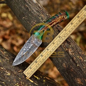 Cuchillo de Caza de Hoja Fija de Acero de Damasco, Punta Caída, Mango Verde X-1152, Cuchillo de Supervivencia para Exteriores - Product Image 2