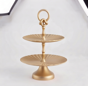 Soporte Redondo de Metal Acanalado de 2 Niveles con Diseño de Rayos de Sol, Acabado Dorado Vintage, Plato para Postres, Centro de Mesa con Asa de Nudo, Directo de Fábrica - Product Image 1