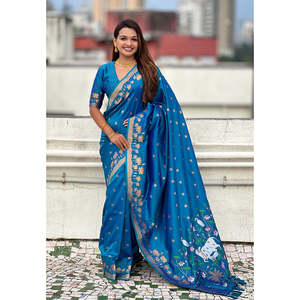 Sari en soie Pichwai tissé Zari bleu Elite Weaves, robe de soirée élégante 650g - Product Image 5